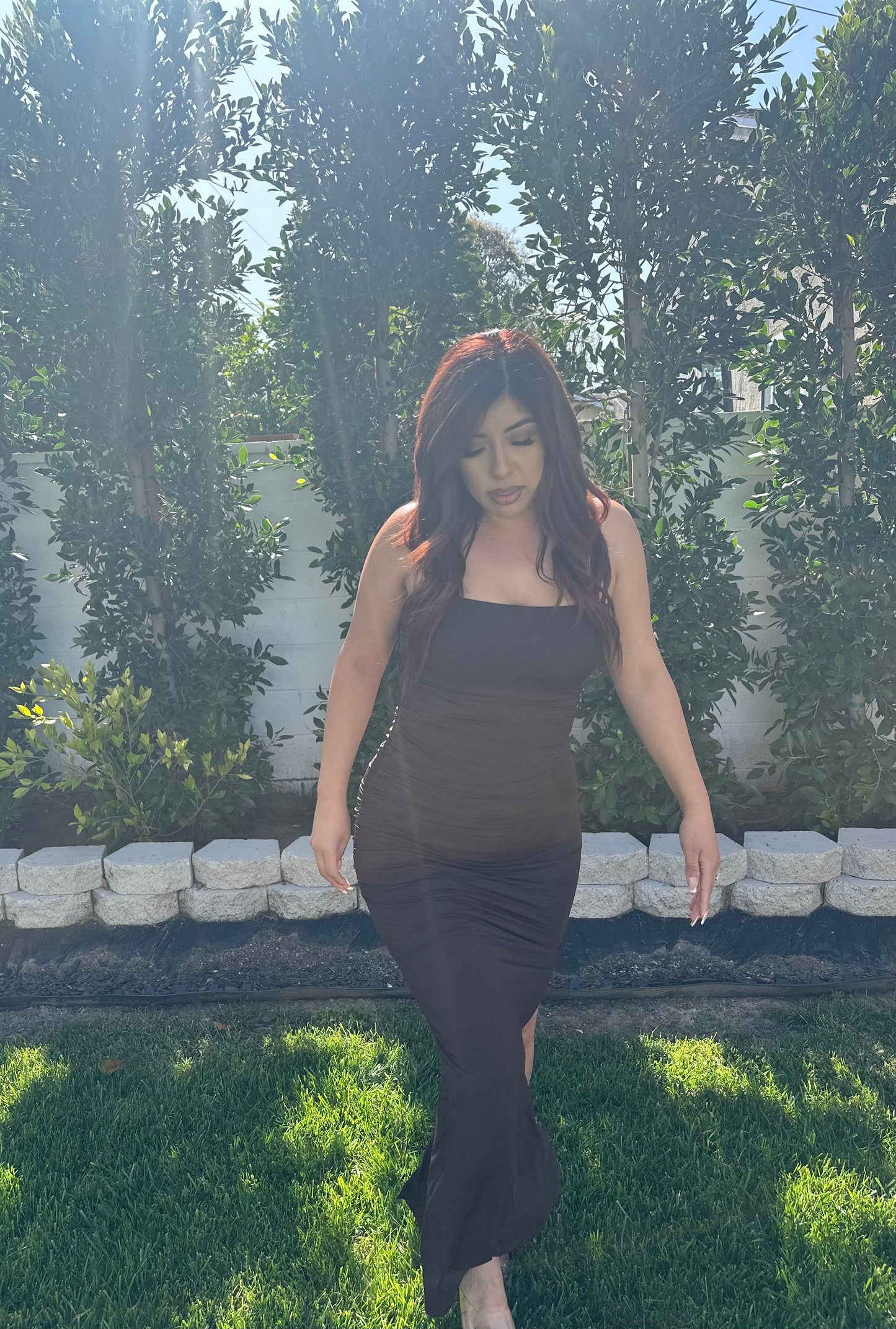 Maxi ruched brown dress
