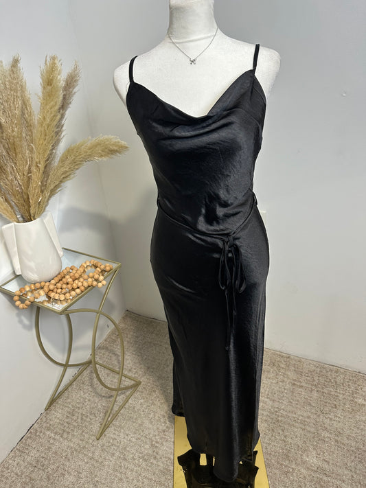 Satin cowl neck black dress