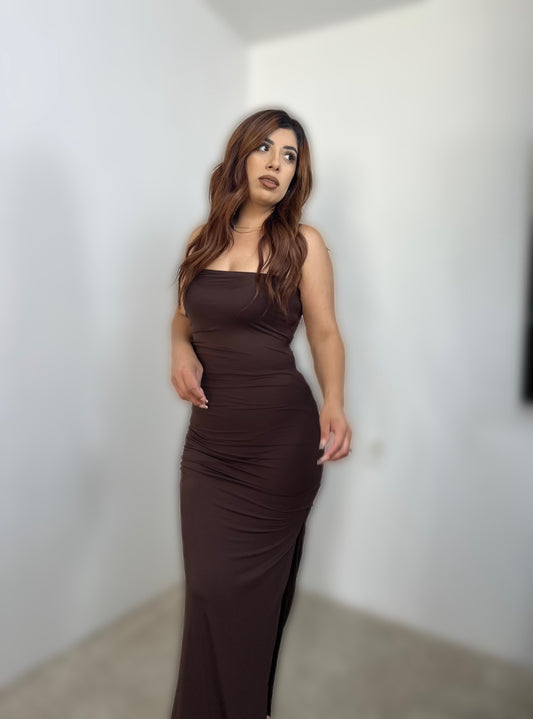 Maxi ruched brown dress