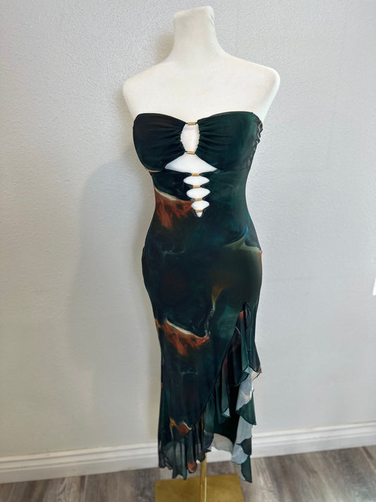 Mesh print green midi dress